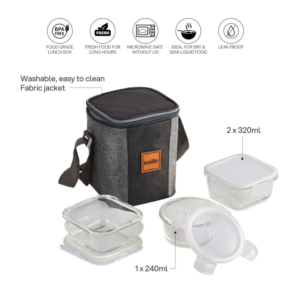 Cello Glassy Mix Lunch Box | Microwavable Borosilicate Glass | 2 x 320 ml and 240 ml | Clear