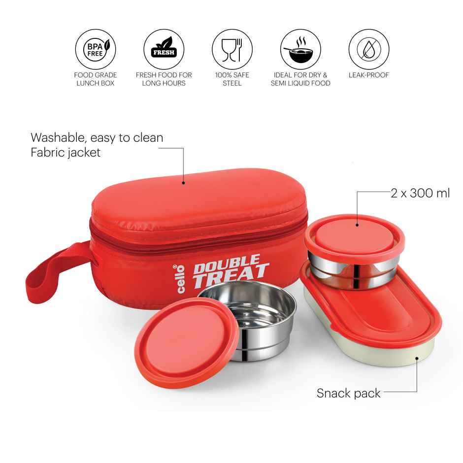Cello Double Treat Lunch Box with Jacket (2 Unit Container - 300 ml, 1 Unit Oval Container) | Red