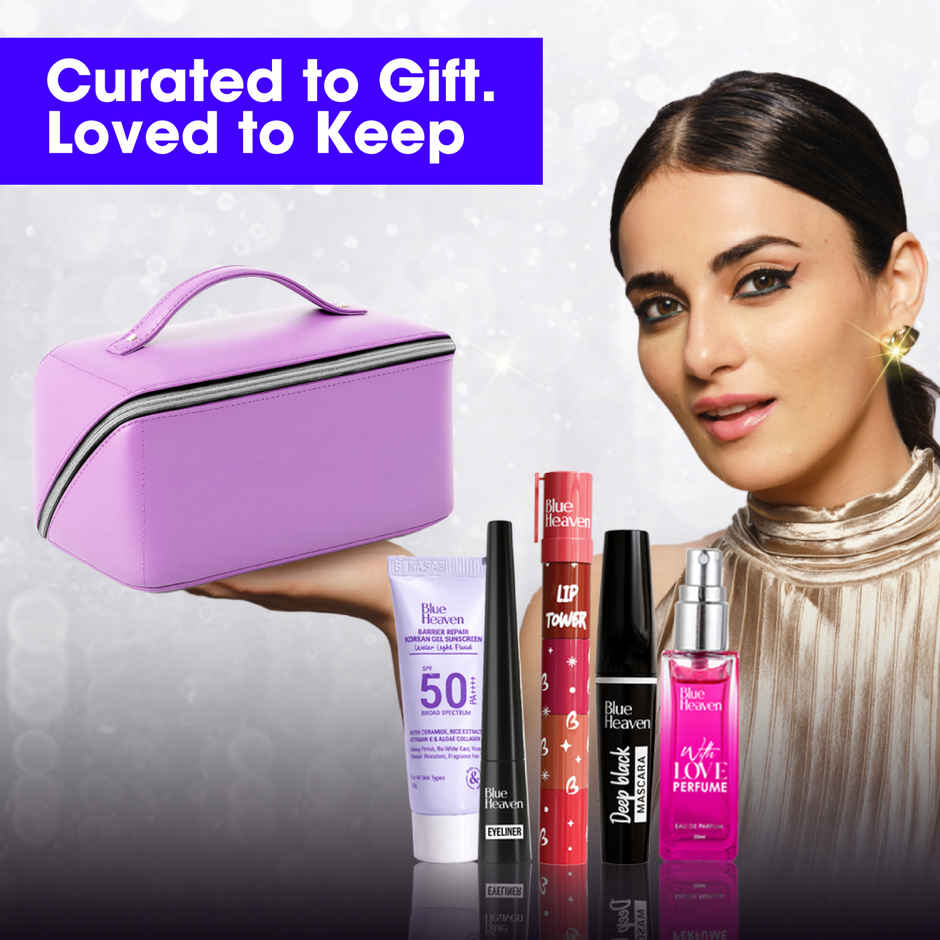 Blue Heaven Glam Ready Beauty Gift Set With Pouch | Lipstick, Eyeliner, Mascara, Perfume, Sunscreen