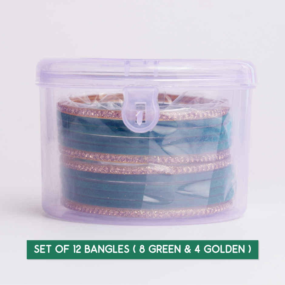 Elegant Velvet Bangles | Traditional Jewellery | Green & Gold | Pack Of 12 | Size 2.4 | Oye Happy