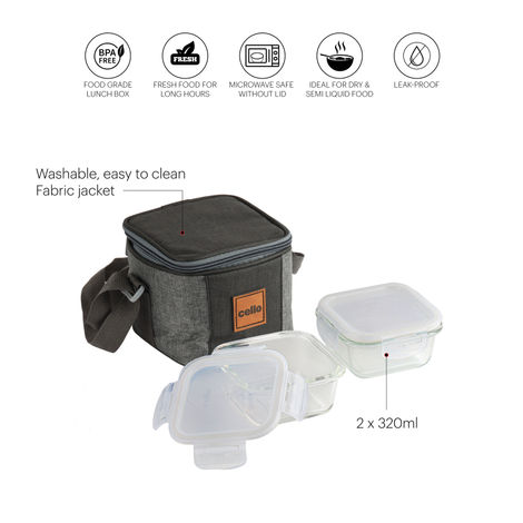 Cello Glassy Square Lunch Box | Microwavable Borosilicate Glass | Clear - 320 ml