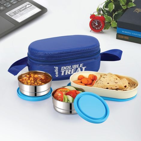 Cello Double Treat Lunch Box with Jacket (2 Unit Container - 300 ml, 1 Unit Oval Container) | Blue
