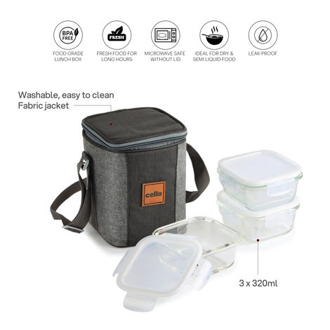 Cello Glassy Square Lunch Box | Microwavable Borosilicate Glass | Clear - 320 ml