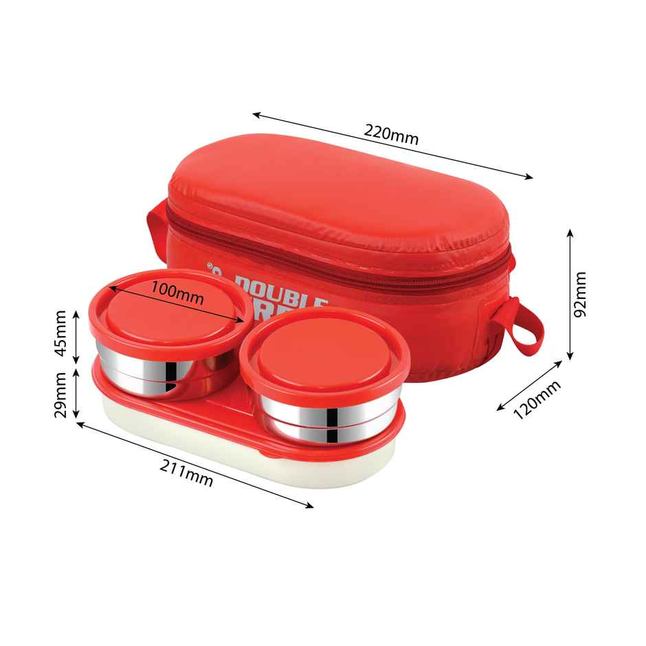 Cello Double Treat Lunch Box with Jacket (2 Unit Container - 300 ml, 1 Unit Oval Container) | Red
