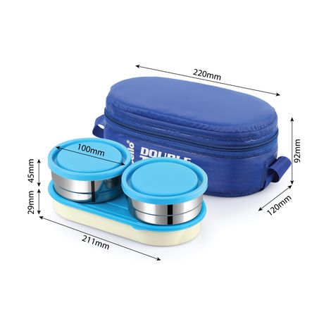 Cello Double Treat Lunch Box with Jacket (2 Unit Container - 300 ml, 1 Unit Oval Container) | Blue