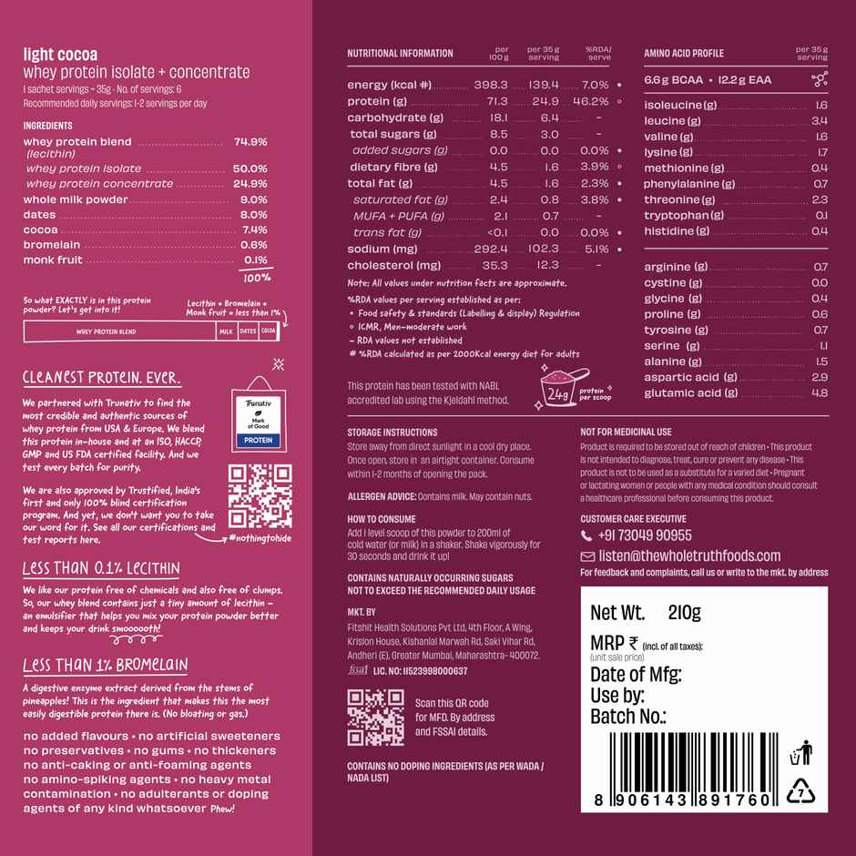 The Whole Truth Light Cocoa Whey 24G Protein Pack of 6