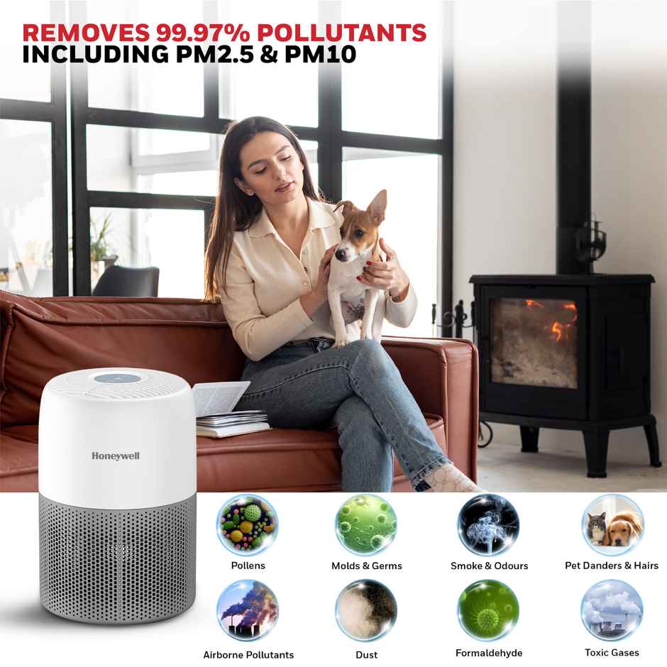 Honeywell Air Purifier for Home & Office, 3-in-1 filter, H13, HEPA,  Activated Carbon Filter, Removes 99.99% Pollutants, Allergens, Pet Danger, Smoke, Dust & Pollens - Air touch V1 - White