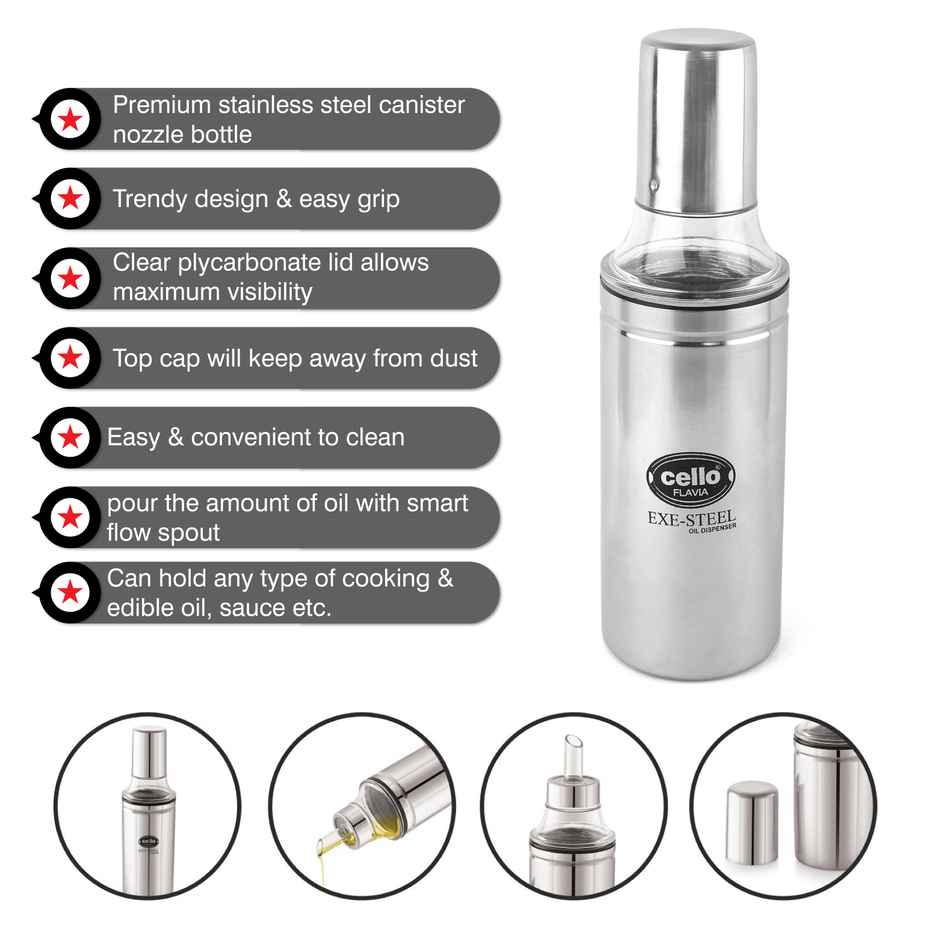 Cello Flavia Stainless Steel Oil Dispenser, 500ML, Silver