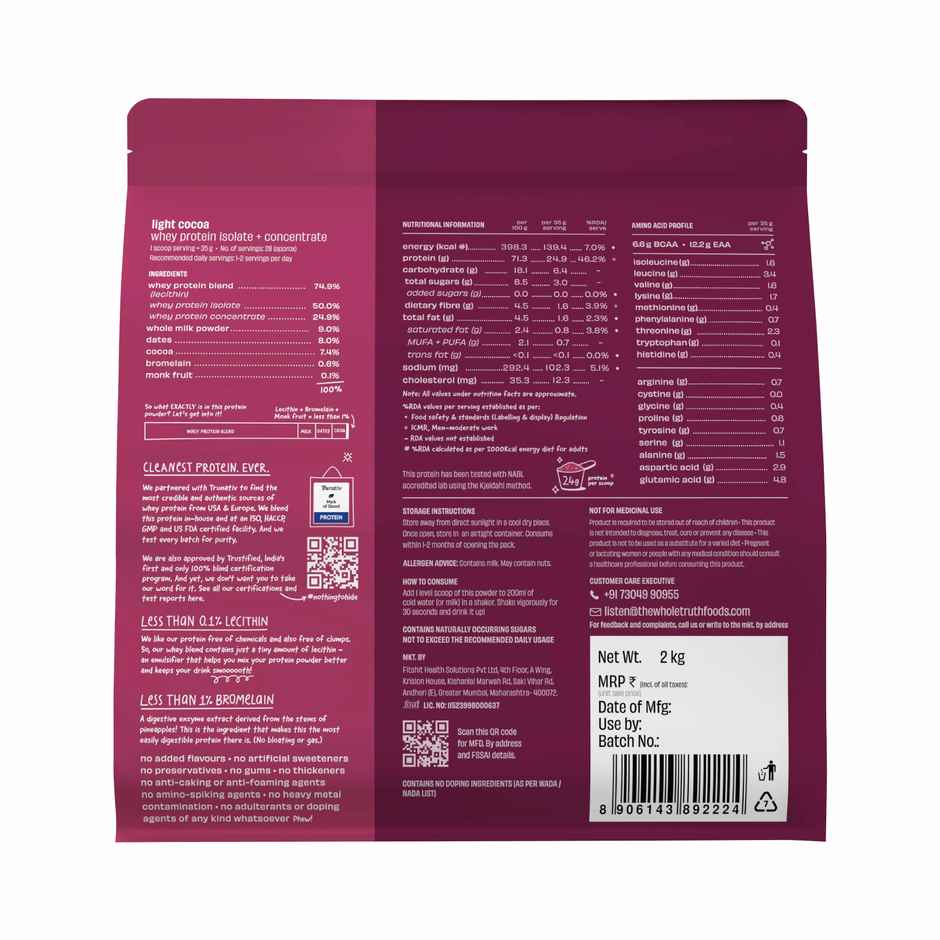 The Whole Truth Whey Protein - Light Cocoa | 24g protein | Scoop