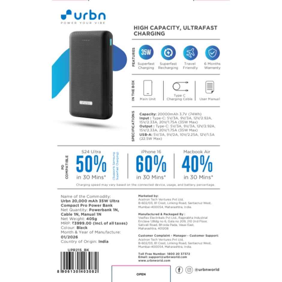 URBN 20000mAh 35W Fast Charging Power Bank | PD+QC | Dual Output | iPhone & Android Black