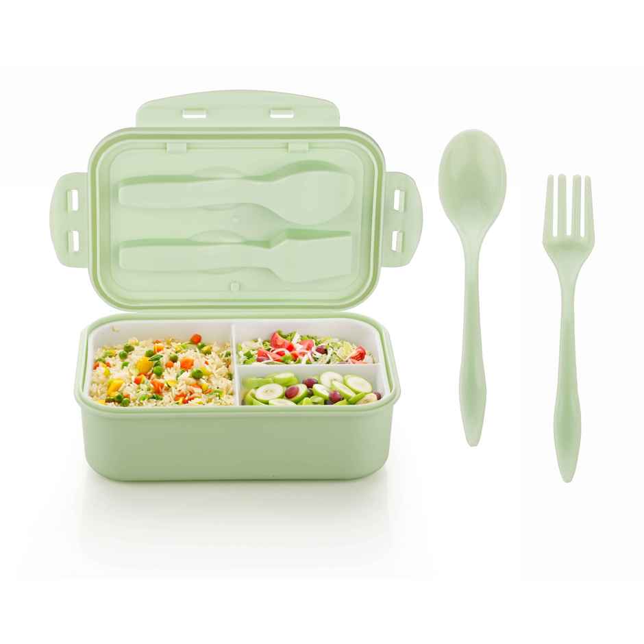 Attro Carbon Lunch Box with 3 Compartment | 2 Spoons BPA Free | 1100 ml - Mint Green