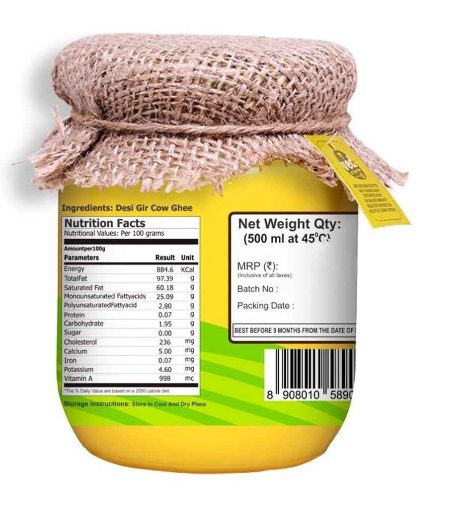 Ved A2 Desi Gir Cow Cultured Ghee Glass Bottle