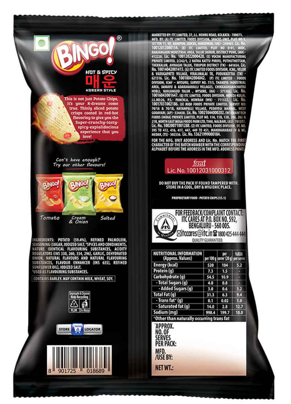 Bingo! Hot & Spicy Potato Chips - Korean Style 90 g