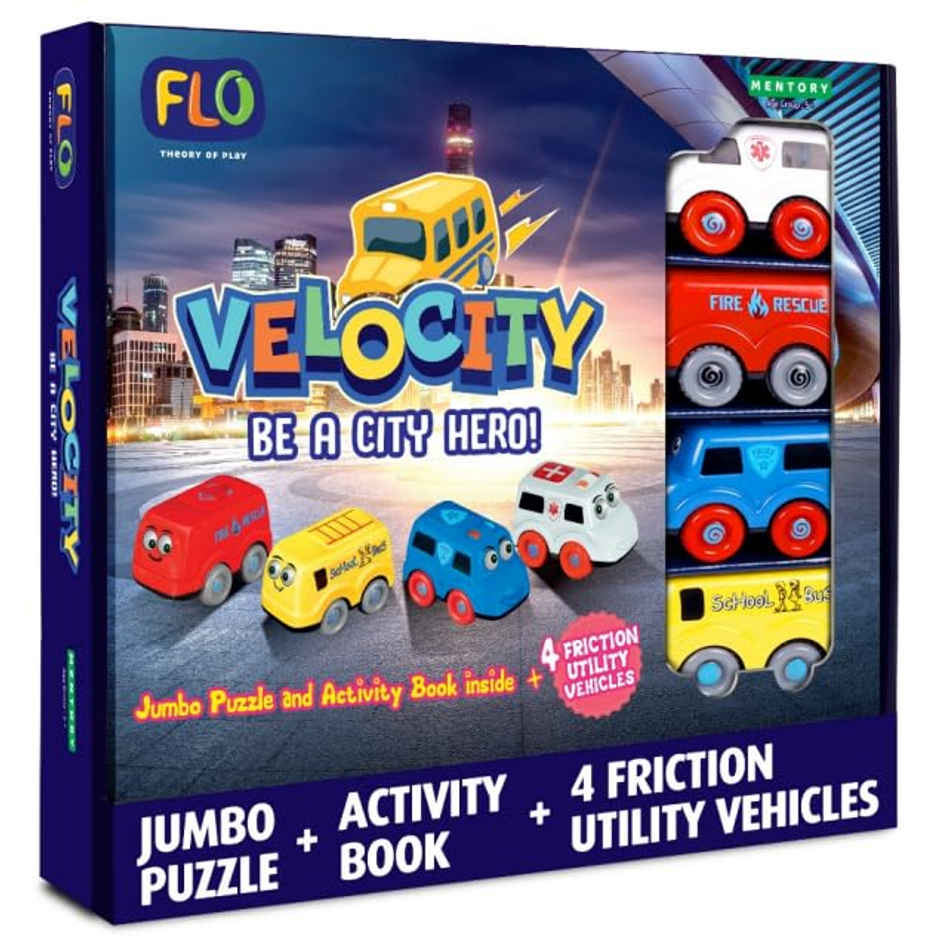 Flo Toys Velocity Rescue Vehicle Puzzle Set - 4 Friction Cars, Floor Puzzle & Storybook for Kids 5+