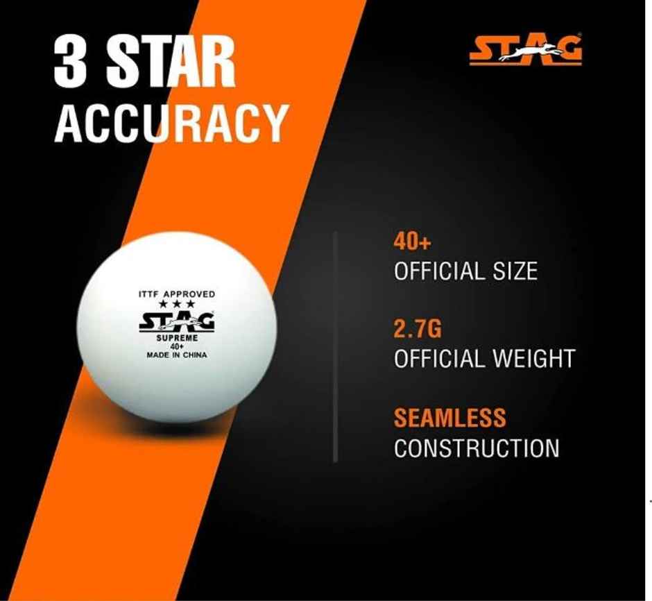 Stag 3 Star Supreme Table Tennis Plastic Ball Pack Of 3 (White)
