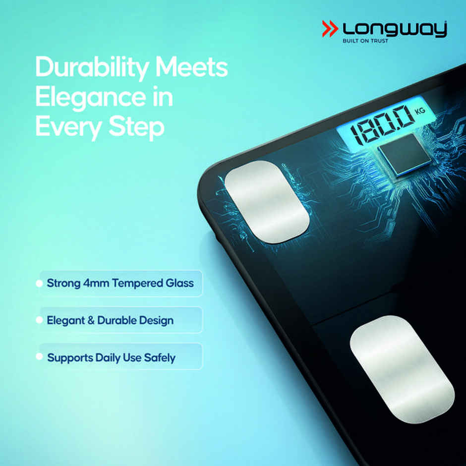 Longway Digital Weight Machine | Thick Glass | LCD Display | 180 kg Max | 36-Month Warranty | Black