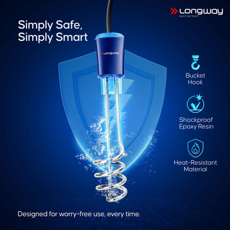 Longway LWIR01 2000W Immersion Heater | Waterproof, Shockproof | Fast Heating | ISI Certified | Blue