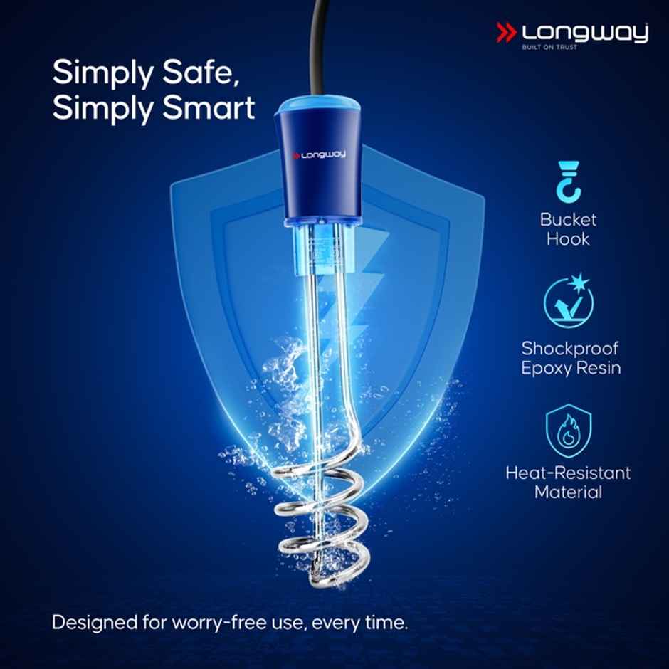 Longway LWIR01 1500W Immersion Heater | Waterproof, Shockproof | Fast Heating | ISI Certified | Blue