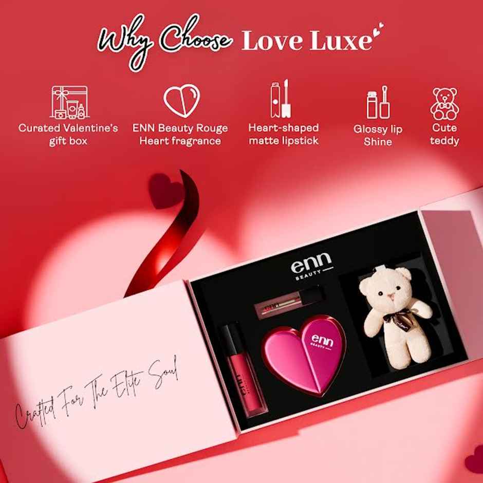Enn Beauty Love Luxe Valentines Gift Set (4pcs) & Tied Ribbons Valentine Artificial Red Rose Bouquet & Teddy (2pcs) Combo