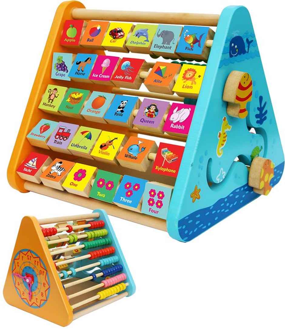 Toyshine 5 In 1 Wooden Activity Centre Triangle Toy Alphabet Blocks Abacus Clock Writing
