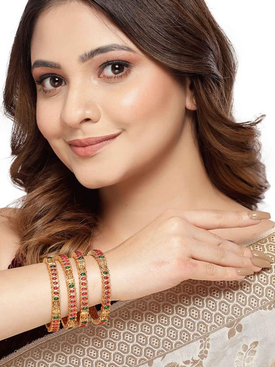Sukkhi Traditional Gold Plated Red & Green Bracelet Bangle Set Jewellery for Women - 2.4