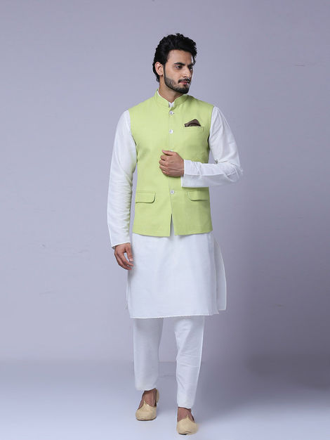 Ethnix by Raymond Men's Regular Fit Pure Polyester Solid Stand Collar Bundi | Light Green - L