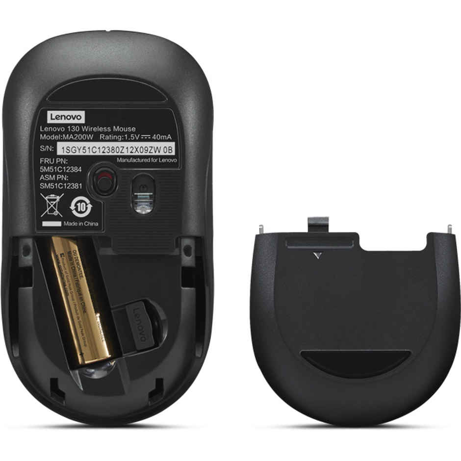 Lenovo 130 Wireless Compact Mouse, 1K DPI Optical sensor, 2.4GHz Wireless NanoUSB, 10m range, 3button(left,right,scroll) upto 3M left/right clicks, 10 month battery, Ambidextrous, Ergonomic GY51C12380