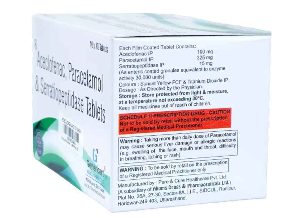 Genericart Aceclofenac 100 Mg + Paracetamol 325 Mg + Serratiopeptidase 15 Mg Tablet