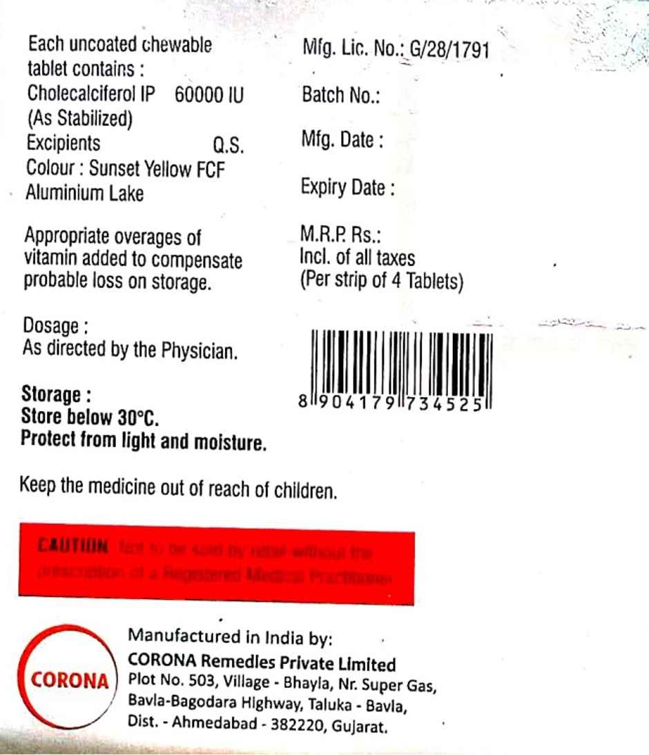 D3 HD 60000IU Sugar Free Vitamin D3 Chewable Tablet