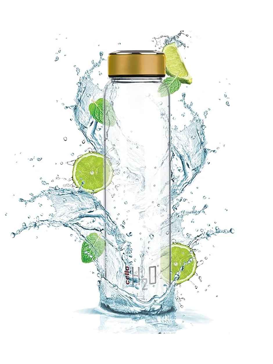 CELLO H2O Glass Fridge Water Bottle with Cap 1000ml, Copper | Food Grade, Microwave & Freezer Safe