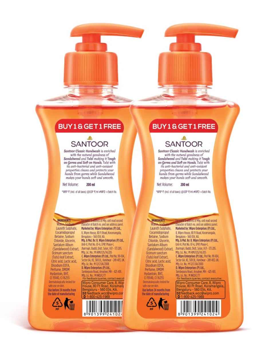 Santoor Classic Gentle Anti-Bacterial Hand Wash With Natural Goodness of Sandalwood and Tulsi