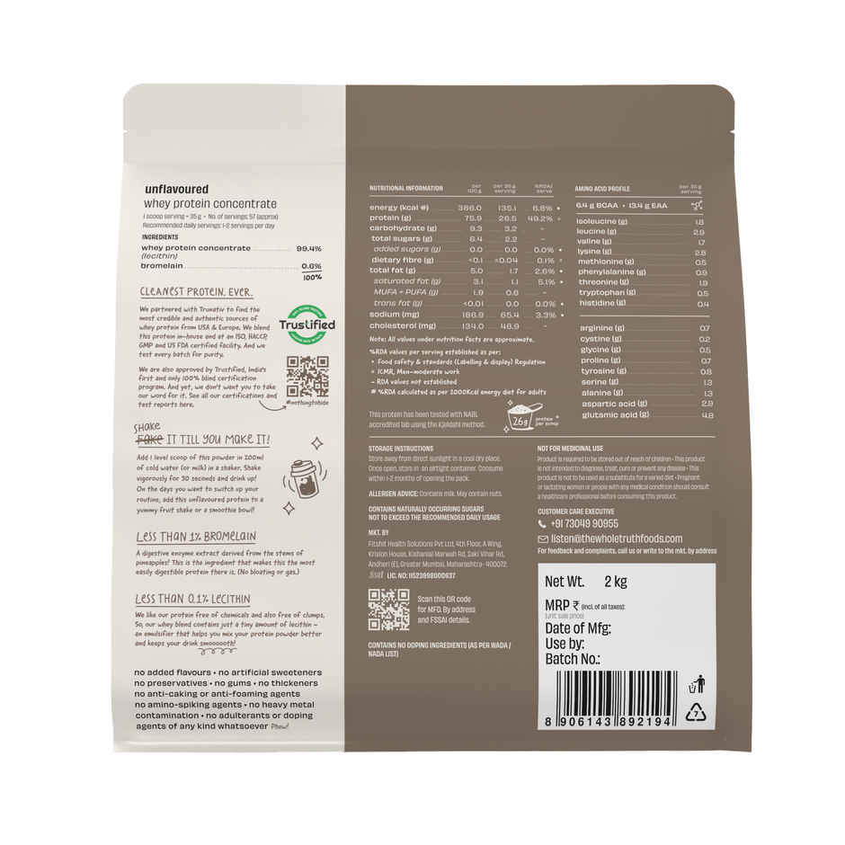 The Whole Truth Unflavoured Whey Protein Concentrate | 26g Protein Per Scoop