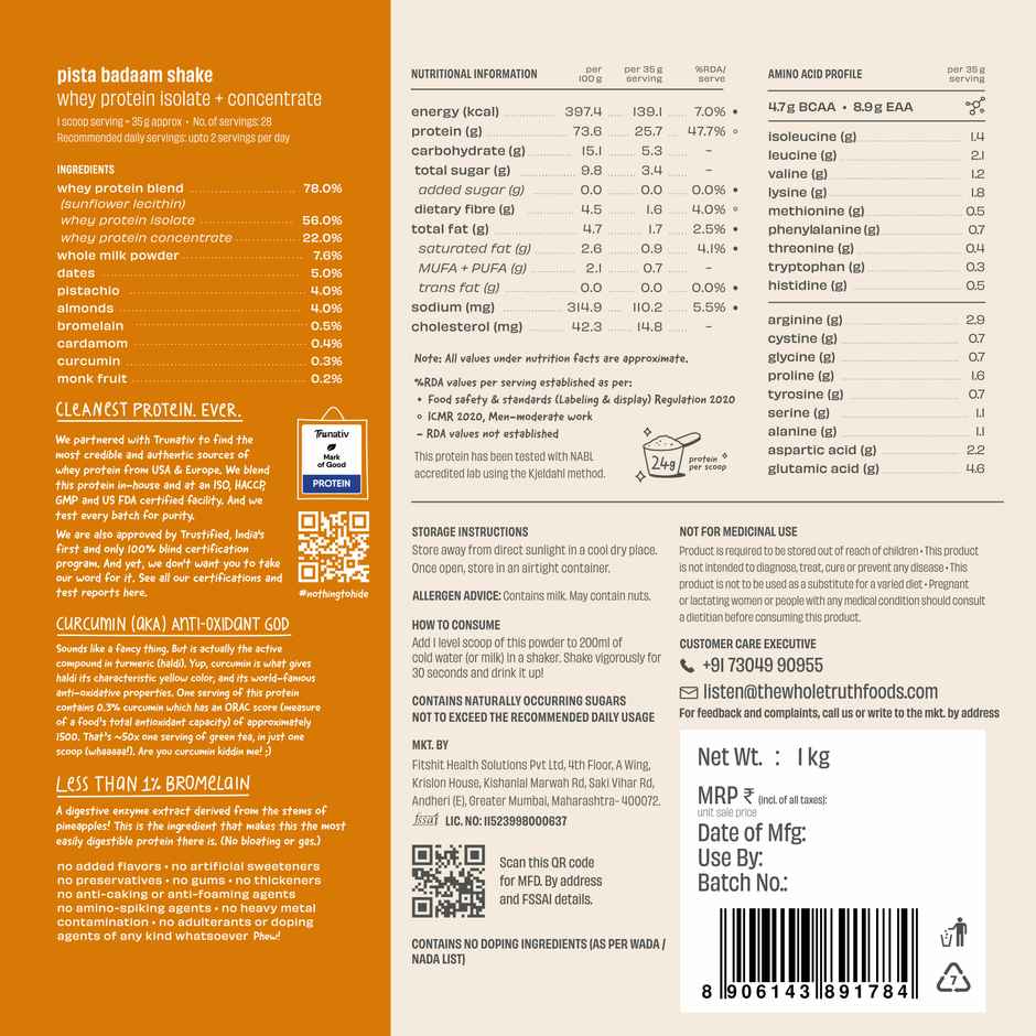 The Whole Truth Whey Protein Powder Pista Badaam Shake (24g Protein Per Scoop) Combo