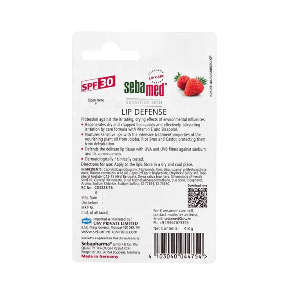 Sebamed Lip Defense, Strawberry | SPF 30 + Vit E, Jojoba Oil, Chamomile