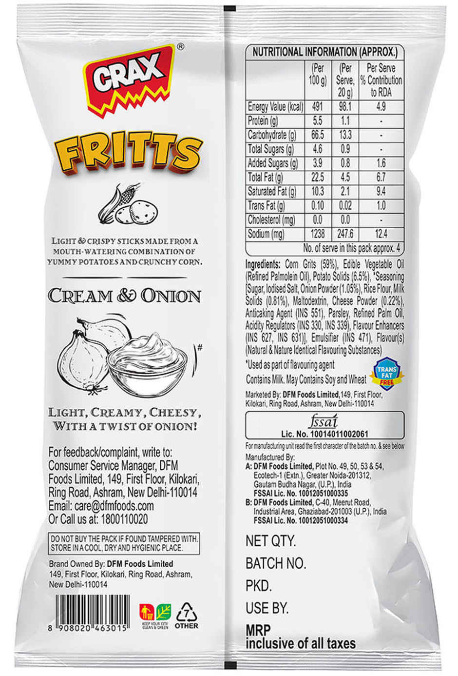 Crax Fritts Cream and Onion Corn & Potato Stick Snacks Combo