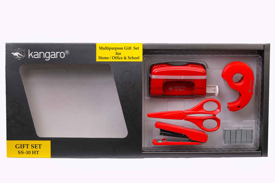 Kangaro Stationery Set Of Handy Stapler, Paper Punch, Scissors, Tape Dispenser & Staples Pin