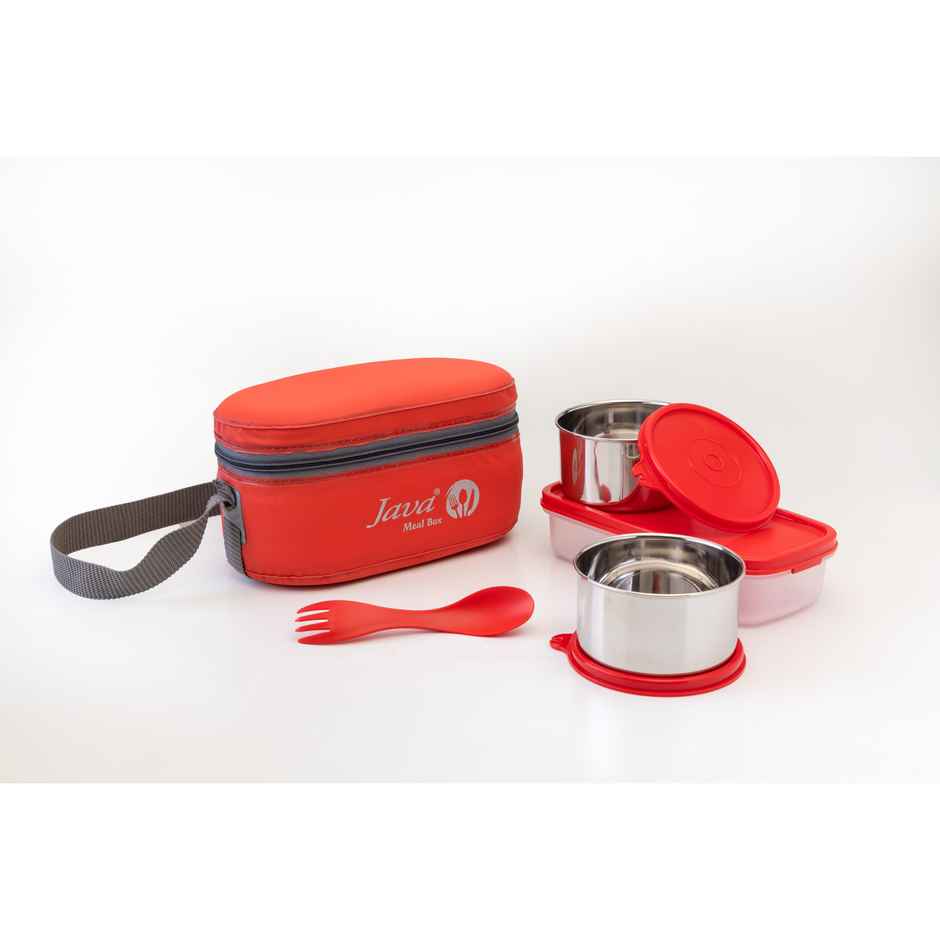 Java 3 Pcs Ss Double Decker Lunch Box With Carry Bag And Spoon (1U 400 ml, 2U 300 ml) - Red