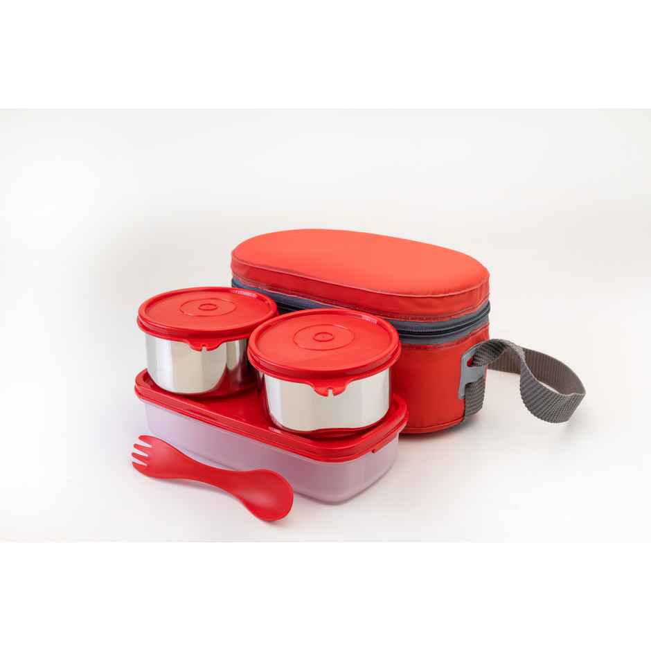 Java 3 Pcs Ss Double Decker Lunch Box With Carry Bag And Spoon (1U 400 ml, 2U 300 ml) - Red