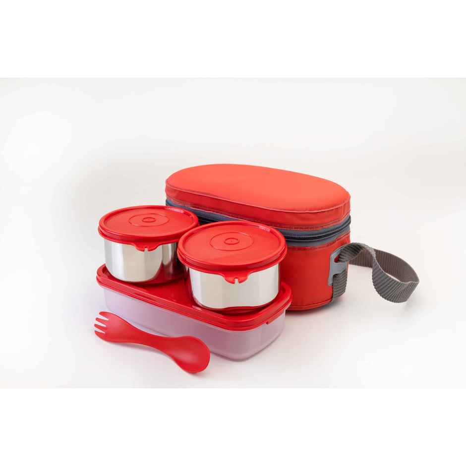 Java 3 Pcs Ss Double Decker Lunch Box With Carry Bag And Spoon (1U 400 ml, 2U 300 ml) - Red