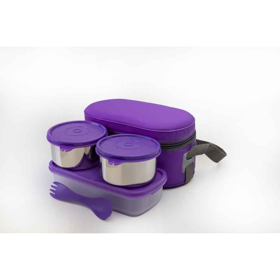Java 3 Pcs Ss Double Decker Lunch Box With Carry Bag And Spoon (1U 400 ml, 2U 300 ml) - Purple