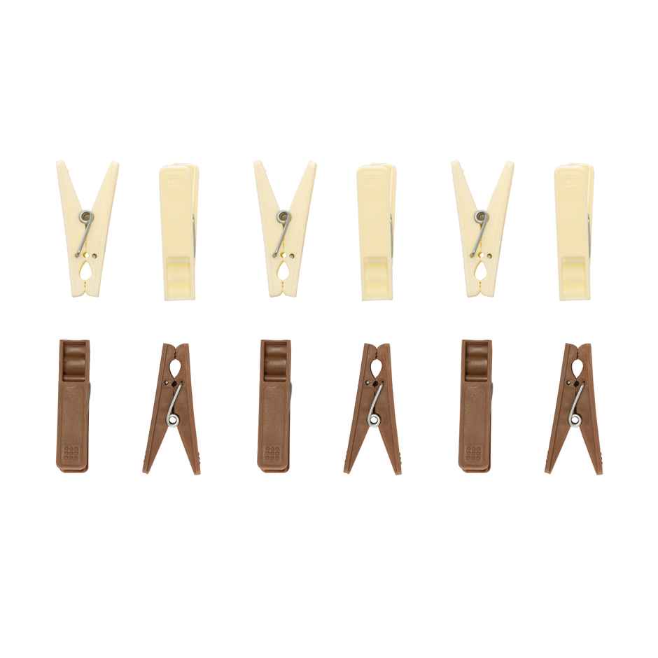 Jalore Plastic Cloth Clips | White & Brown | Pack Of 12