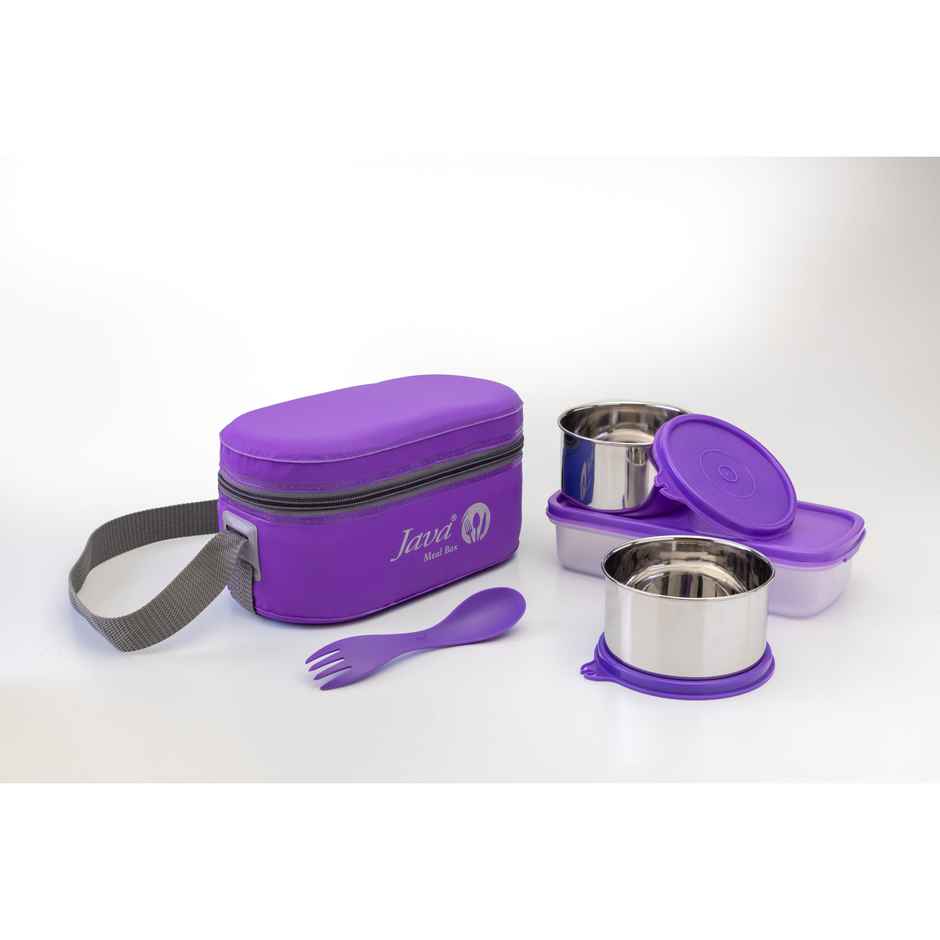 Java 3 Pcs Ss Double Decker Lunch Box With Carry Bag And Spoon (1U 400 ml, 2U 300 ml) - Purple