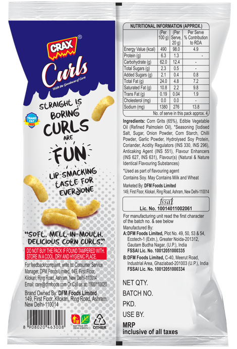 Crax Curls Chatpata Masala Puff Snacks