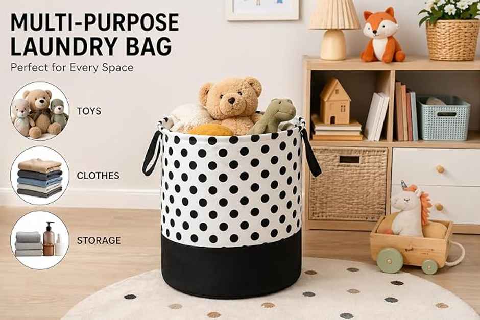Perpetual Waterproof Laundry Cloth Basket, 45L, Foldable with Handle (Polka Lb)