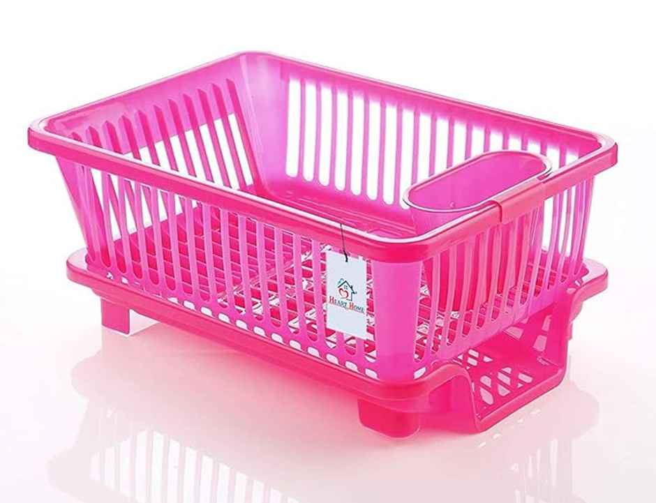Kuber Heart Home 3-in-1 Plastic Dish Rack for Kitchen Sink | Draining Rack, Washing Basket | Pink