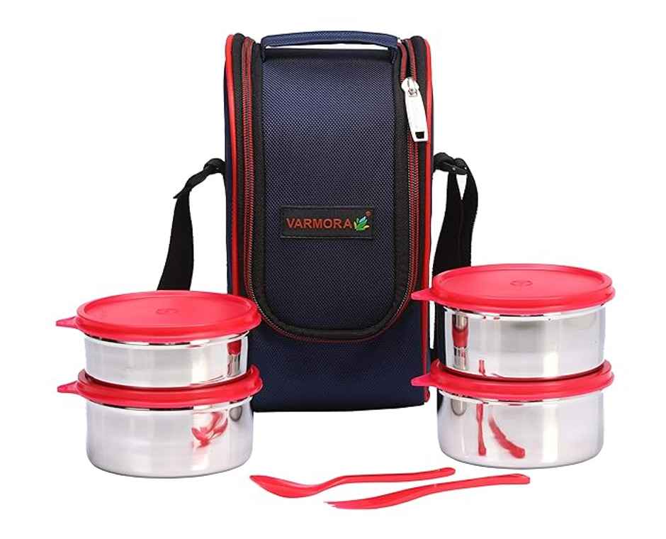 Varmora SS Mini Xclusive Lunch Box- Raspberry Pink - 4 Storage Containers with Spoon and Fork