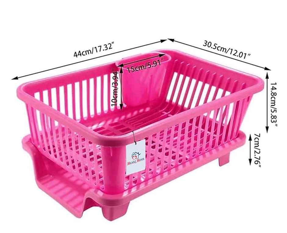 Kuber Heart Home 3-in-1 Plastic Dish Rack for Kitchen Sink | Draining Rack, Washing Basket | Pink
