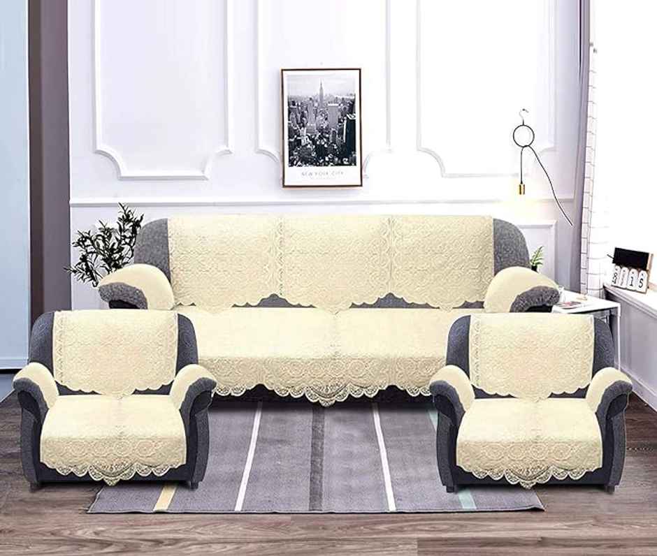 Kuber Industries Cotton Geometric 5 Seater Sofa Cover Set|6 Pieces Arms Cover|Pack of 16 (Cream)