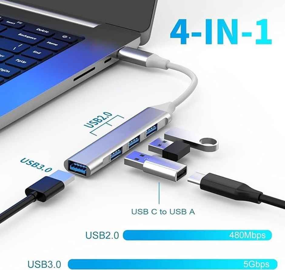 Sounce 4 In 1 Portable Usb C Hub (Type-C To 4 Usb-A Ports) With Aluminum Shell, White