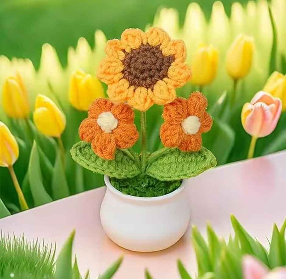 Crochet Sunflower Artificial Flower Bouquet in Pot | Set of 3 | Ideal for Gifting | Floweraura
